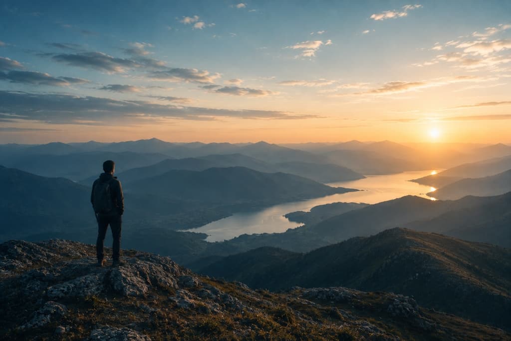 Hiker on mountain summit looking at sunset lake